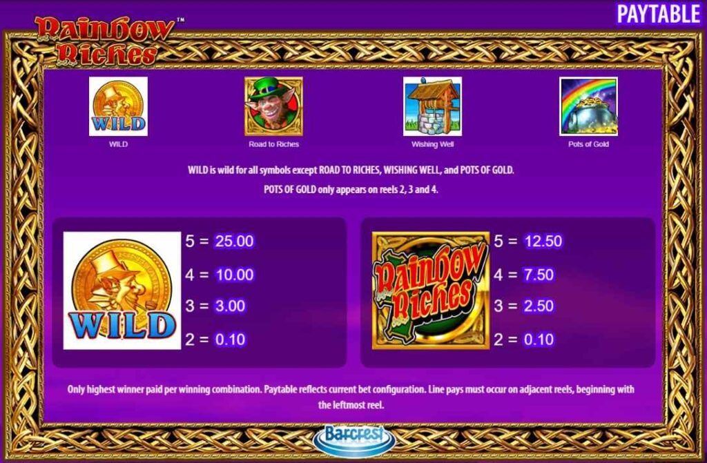 rainbow riches paytable